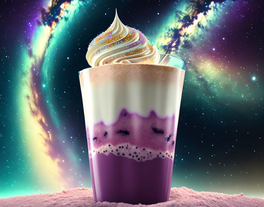 Purple and Cream Swirl Cosmic Beverage with Sparkling Whipped Cream on Starry Galaxy Background