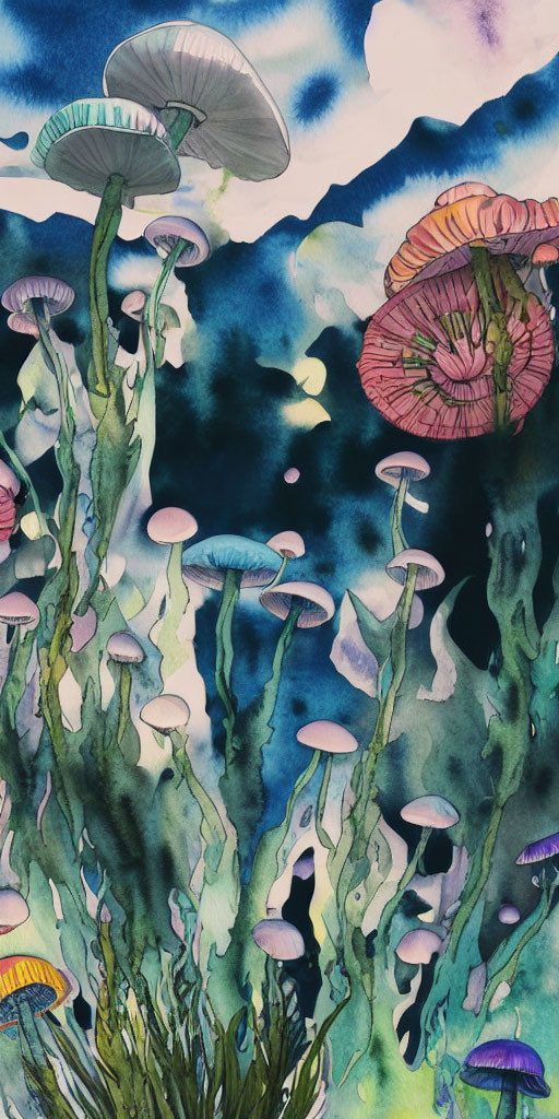Assorted Mushrooms Painting in Mystical Forest Landscape