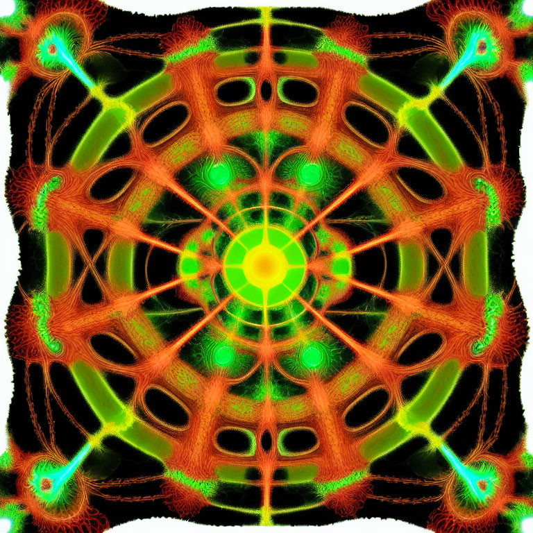 Symmetric fractal pattern with green and orange hues and luminous yellow core