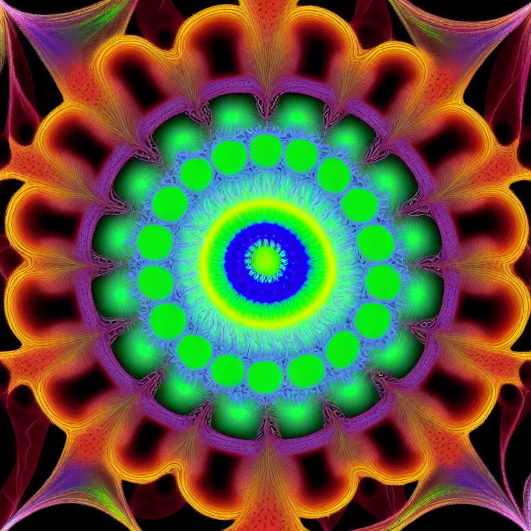 Symmetrical kaleidoscopic image with vibrant colors