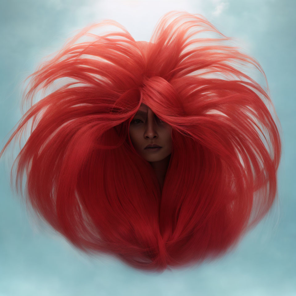 Vibrant red hair against soft blue background portrait