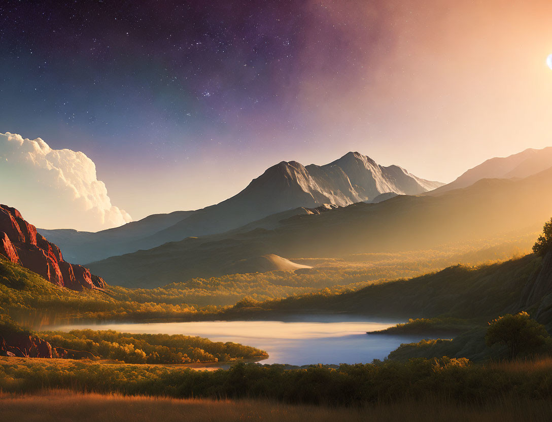 Tranquil landscape with lake, hills, mountains, sunset, and stars