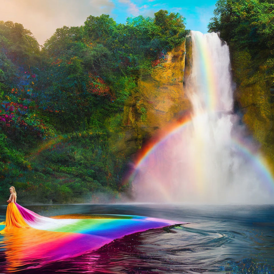 Woman in flowing dress at base of waterfall with rainbow