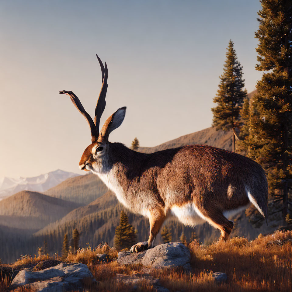 Surreal creature with antelope-like horns in mountain landscape