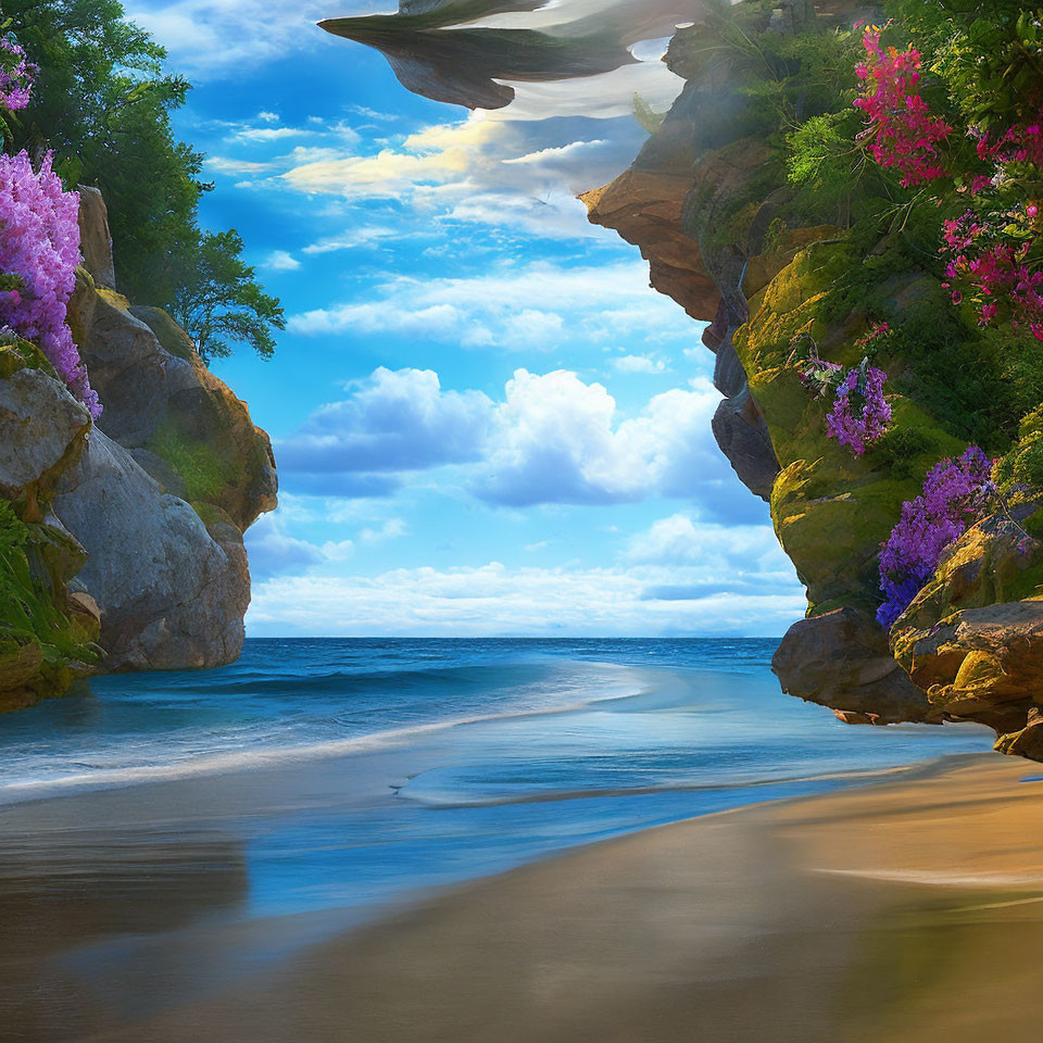 Tranquil beach scene with rocky cliffs and purple flowers