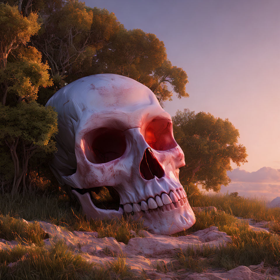 Giant human skull in tranquil field at sunset