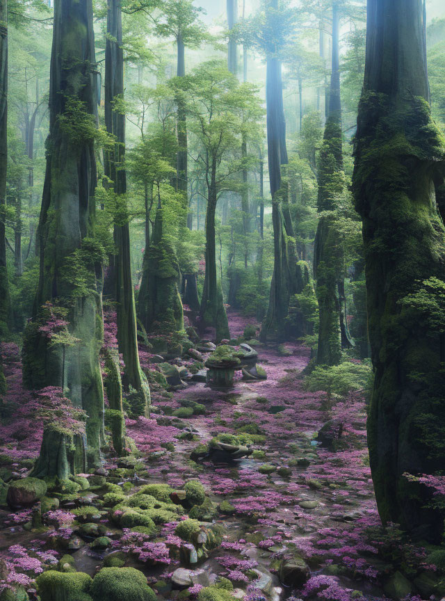 Tranquil forest scene with tall trees, purple flowers, mossy rocks, and misty ambiance
