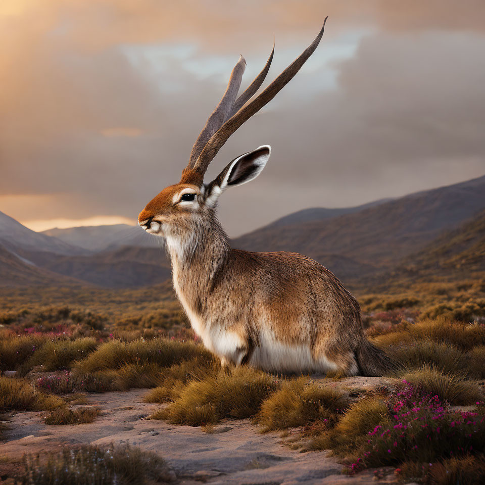 Mythical creature with hare body and deer antlers in scenic sunset landscape