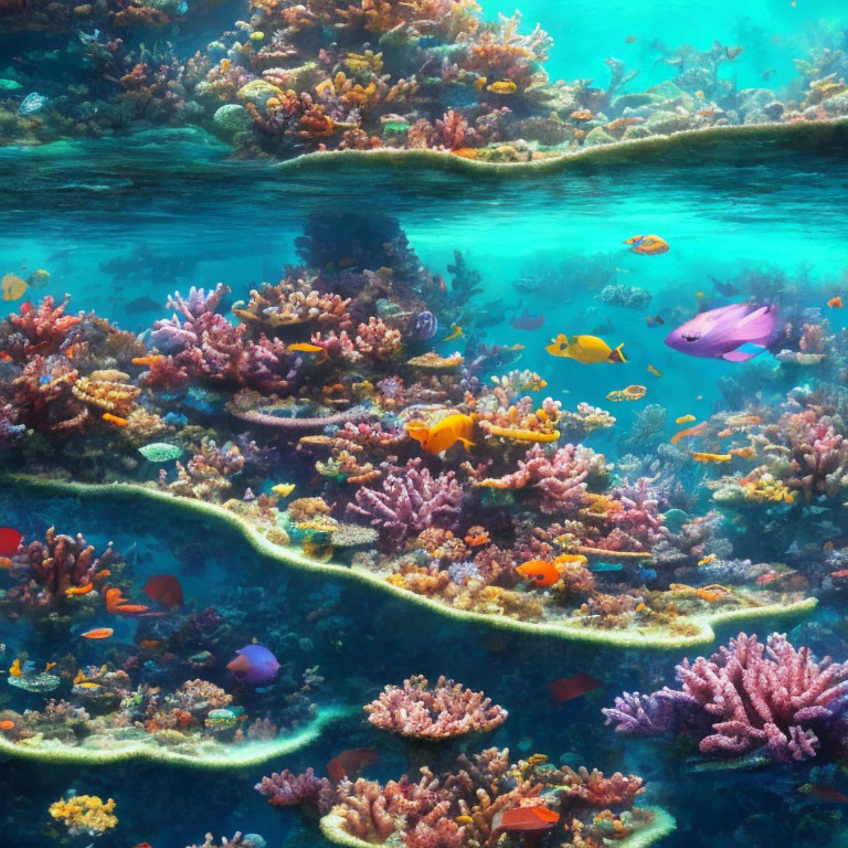 Colorful Fish and Corals in Vibrant Underwater Coral Reef