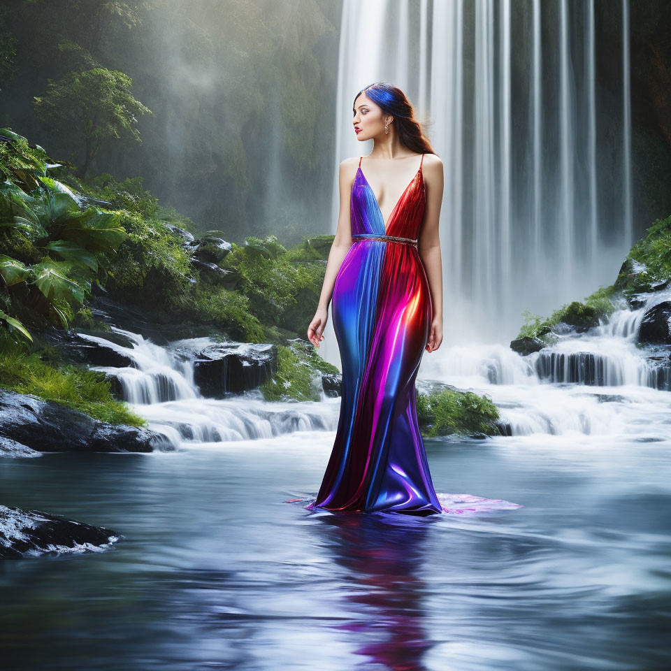 Woman in Colorful Dress Contemplating Waterfall in Lush Greenery