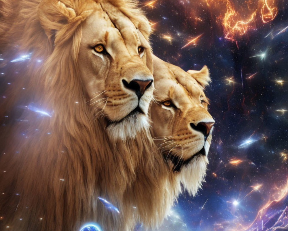 Majestic lions on cosmic backdrop with stars and nebulae
