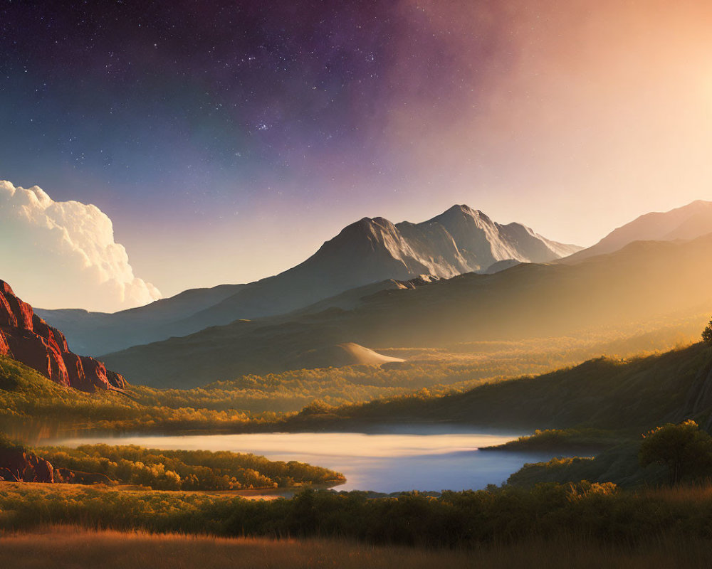 Tranquil landscape with lake, hills, mountains, sunset, and stars