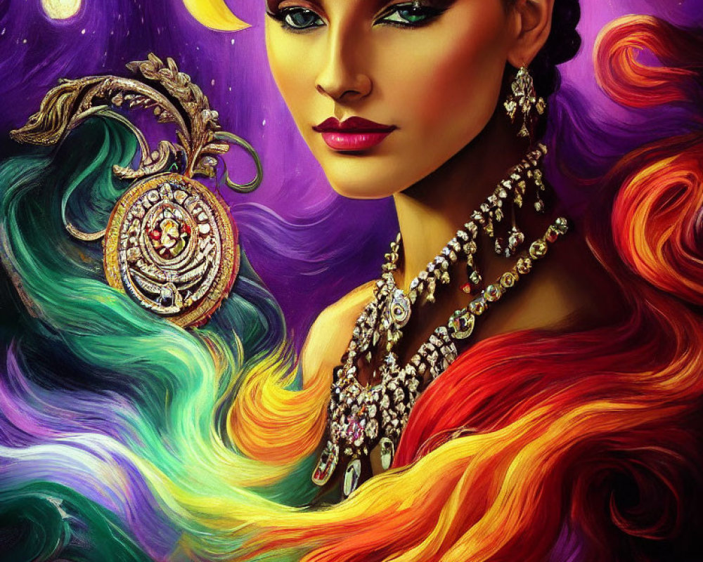 Colorful portrait of a woman with multicolored hair and jewelry in cosmic setting