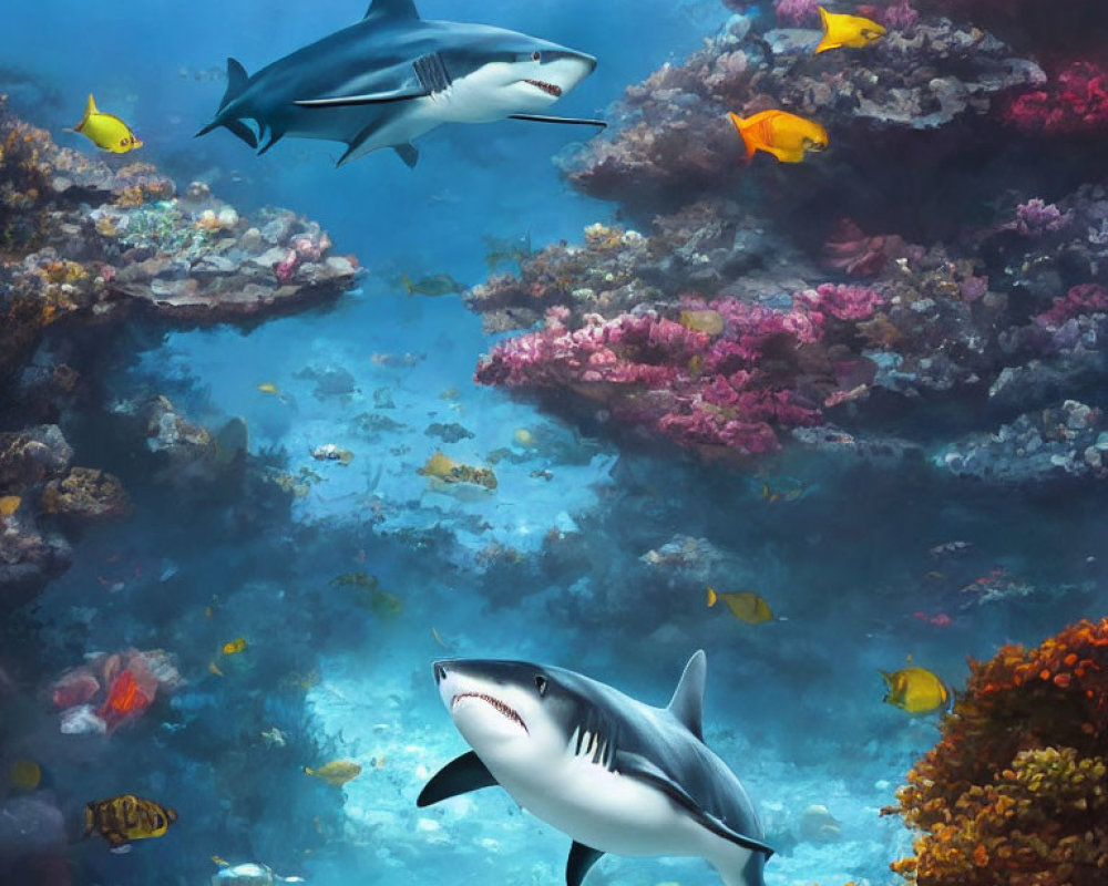 Underwater Scene: Two Sharks Swimming Near Vibrant Coral Reef