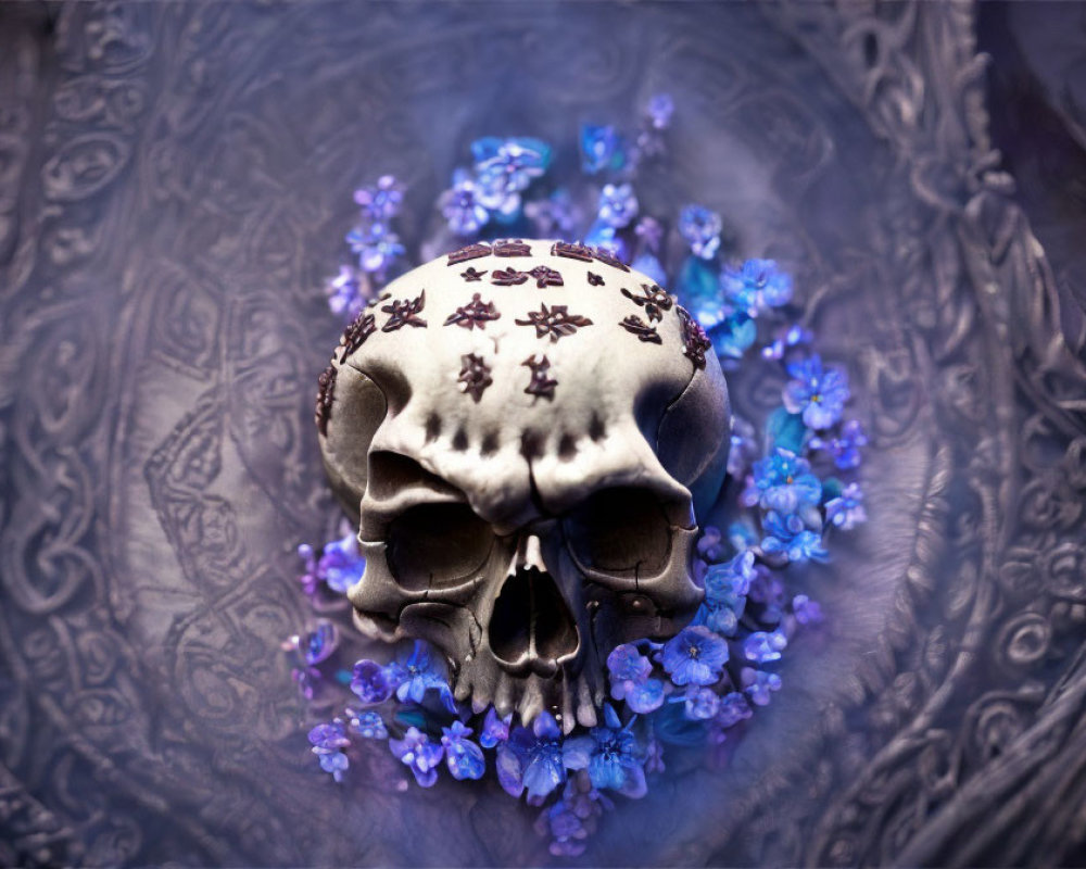 Skull with Purple Floral Patterns on Textured Blue Background