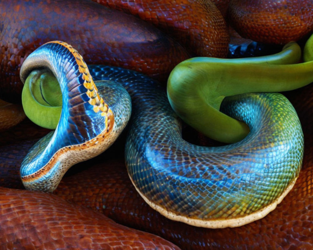 Vibrant intertwined snakes with detailed blue, green, and brown scales