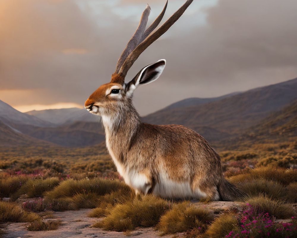 Mythical creature with hare body and deer antlers in scenic sunset landscape