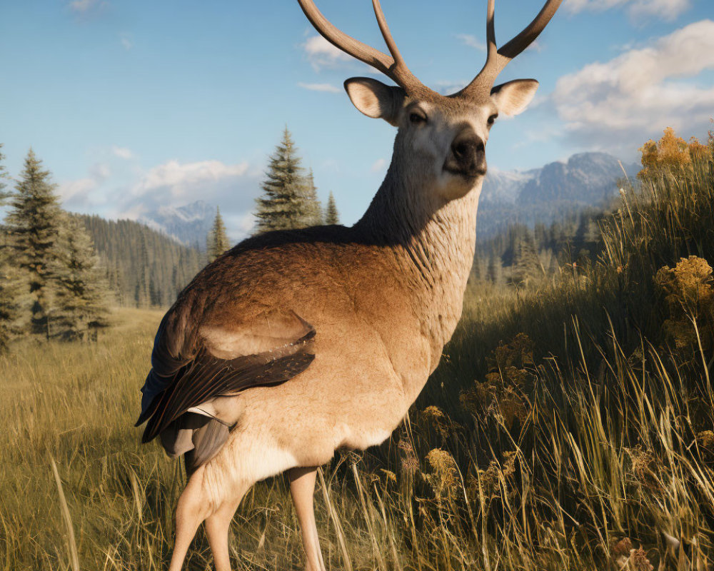 Majestic deer with large antlers in grassy field with pine trees and mountains