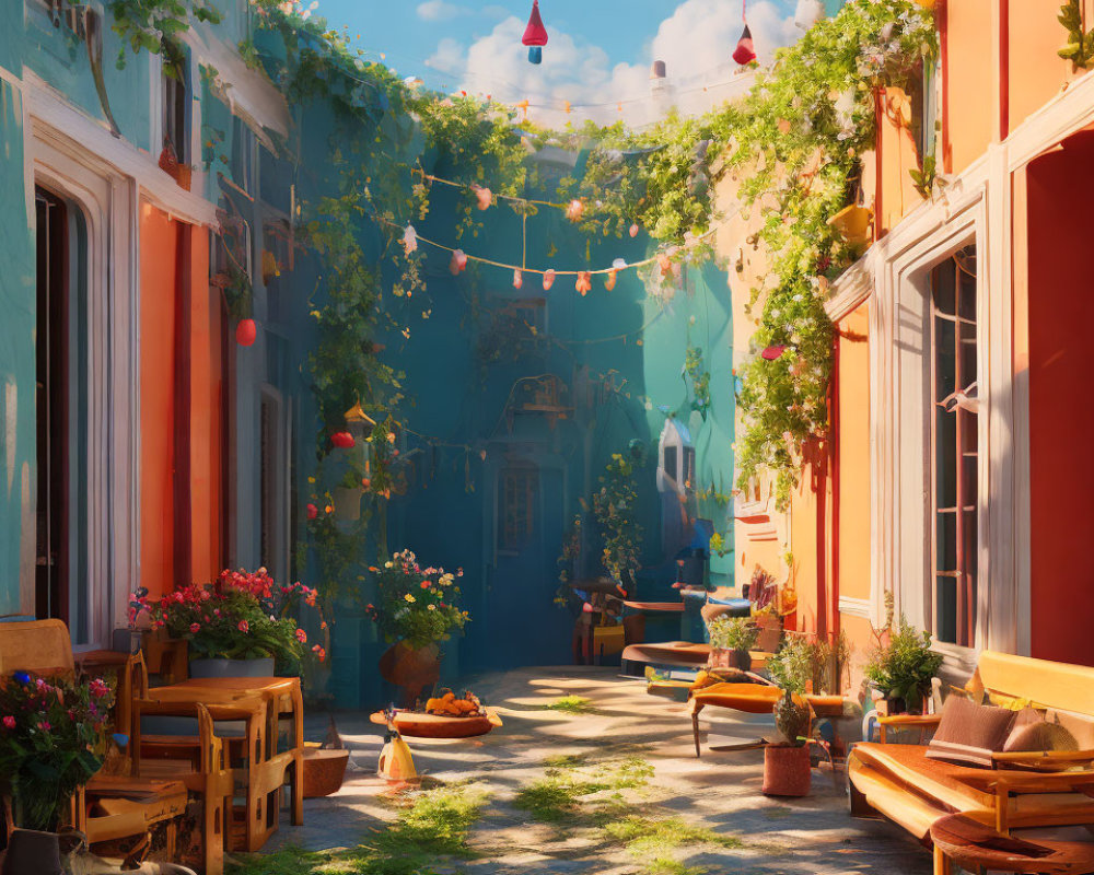 Sunlit alley with hanging plants and colorful walls.