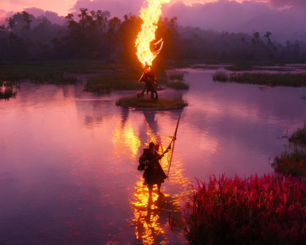 Person breathing fire on small island at dusk observed from boat with fire's reflection on water.