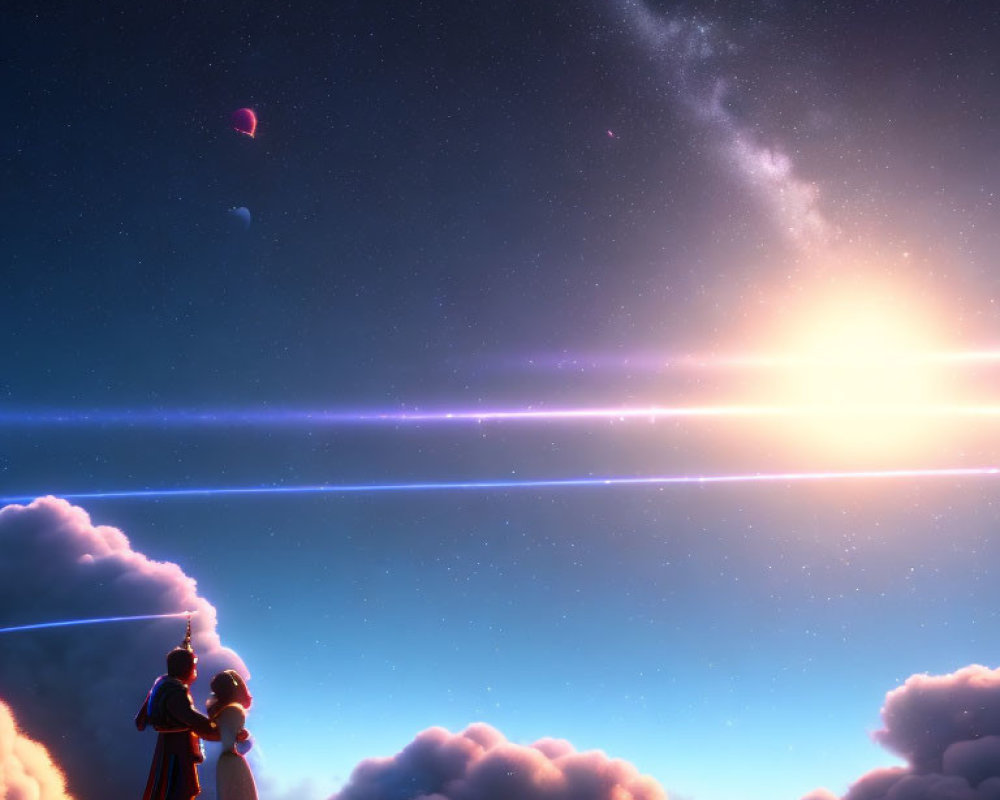 Animated characters on clouds watching sunrise with stars and planet in sky
