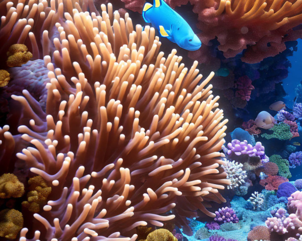 Colorful Underwater Scene with Blue Fish and Coral Formations in Orange, Purple, and Yellow