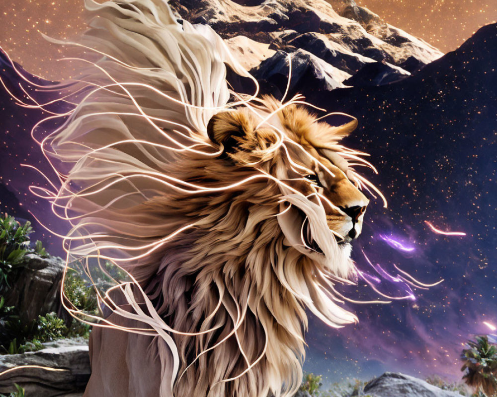 Majestic lion with flowing mane under starry sky and mountain landscape