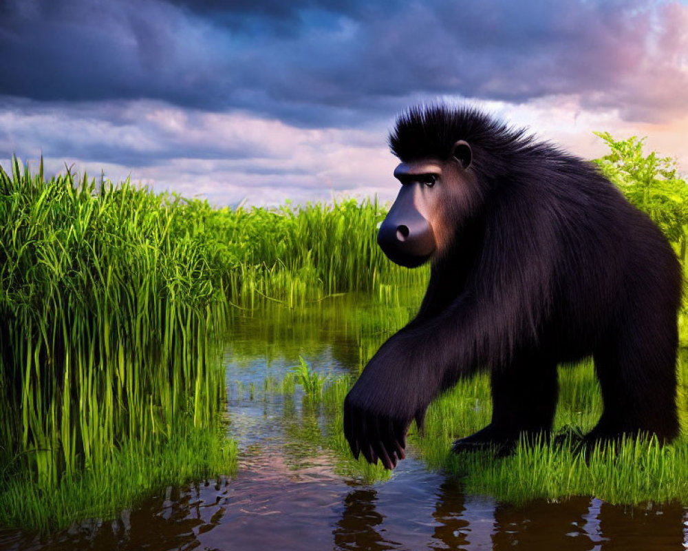 Baboon in Water with Green Grass and Sunrise/Sunset