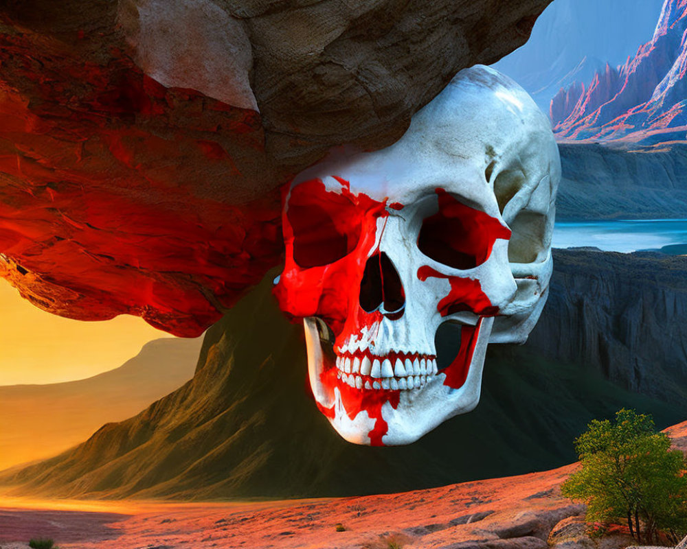 Surreal landscape with massive skull in rocky terrain by serene lake at sunset