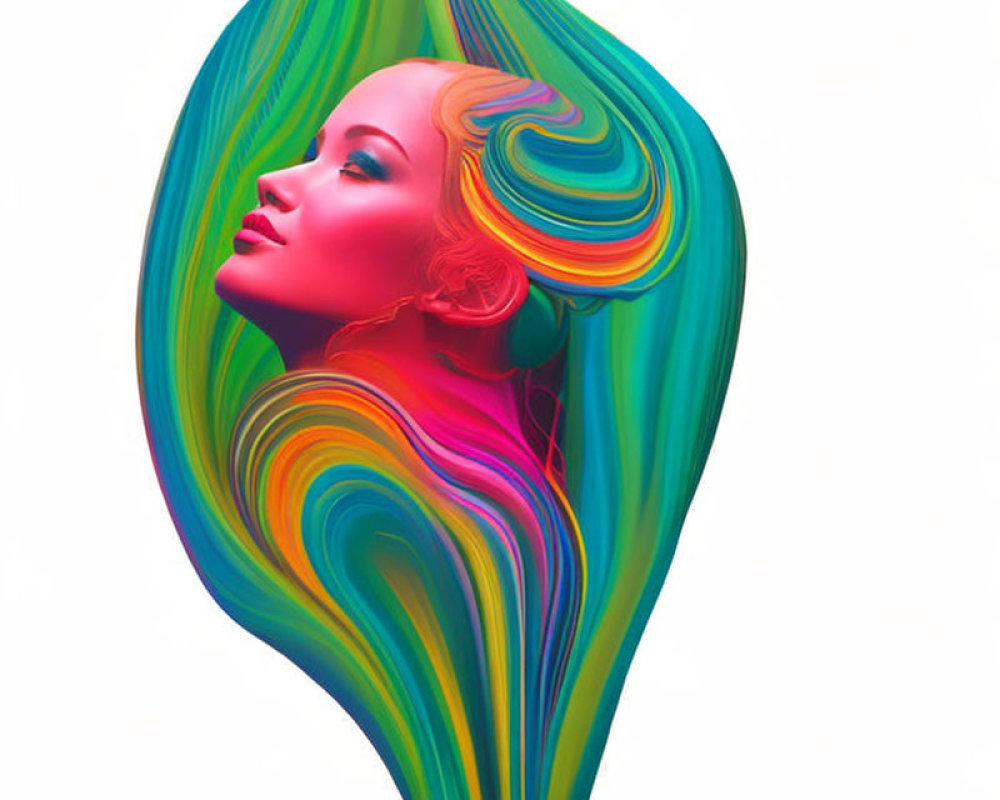Colorful digital artwork: Woman's profile merges with swirling patterns in leaf shape