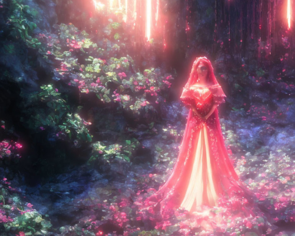 Red Flowing Dress Figure in Mystical Forest with Vibrant Flowers