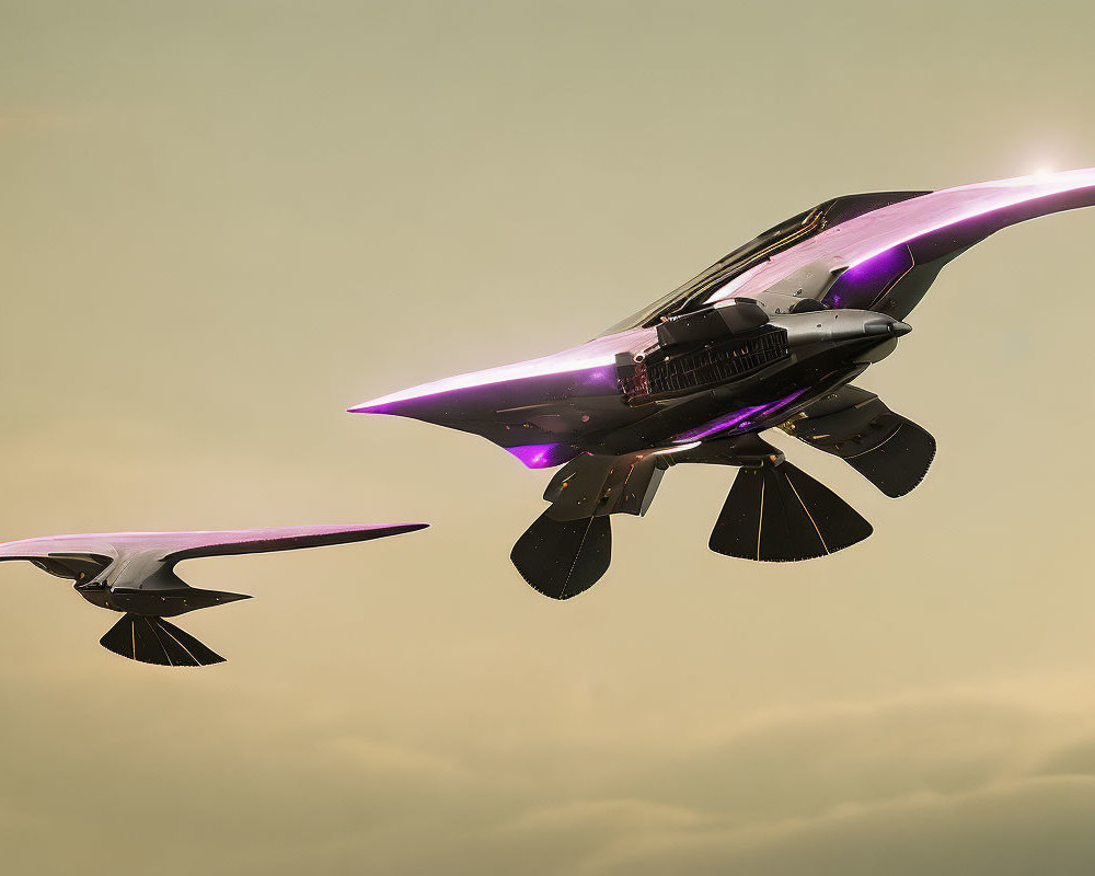 Futuristic aircraft in cloudy amber sky with purple accents