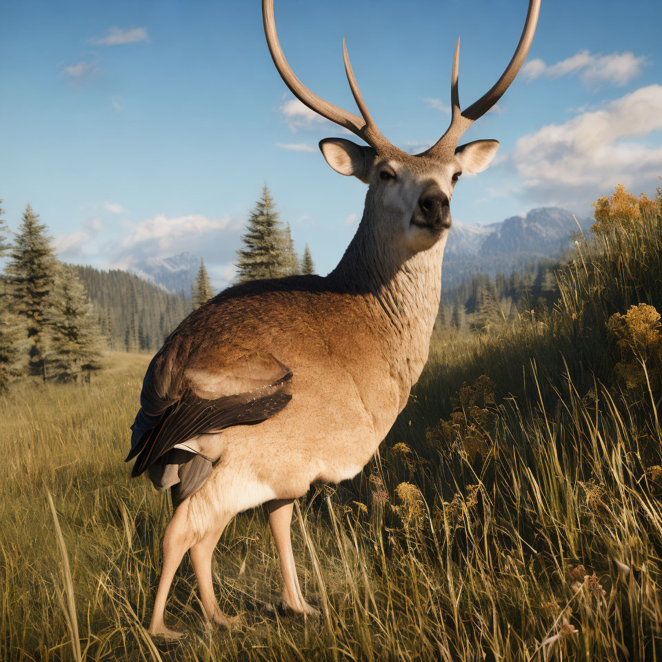 Majestic deer with large antlers in grassy field with pine trees and mountains