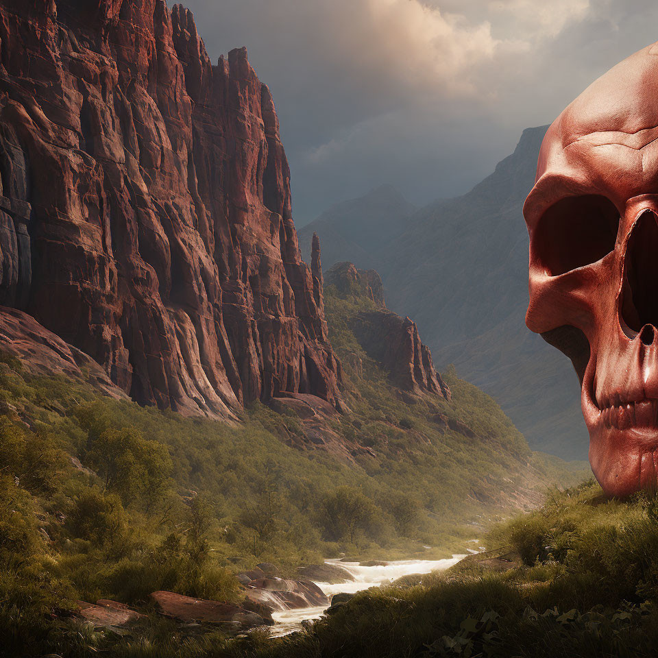 Giant human skull in rocky landscape with river and mountains.
