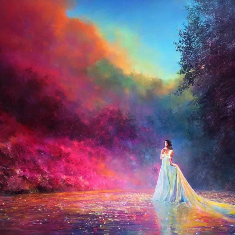 Woman in flowing dress by reflective water under colorful sky