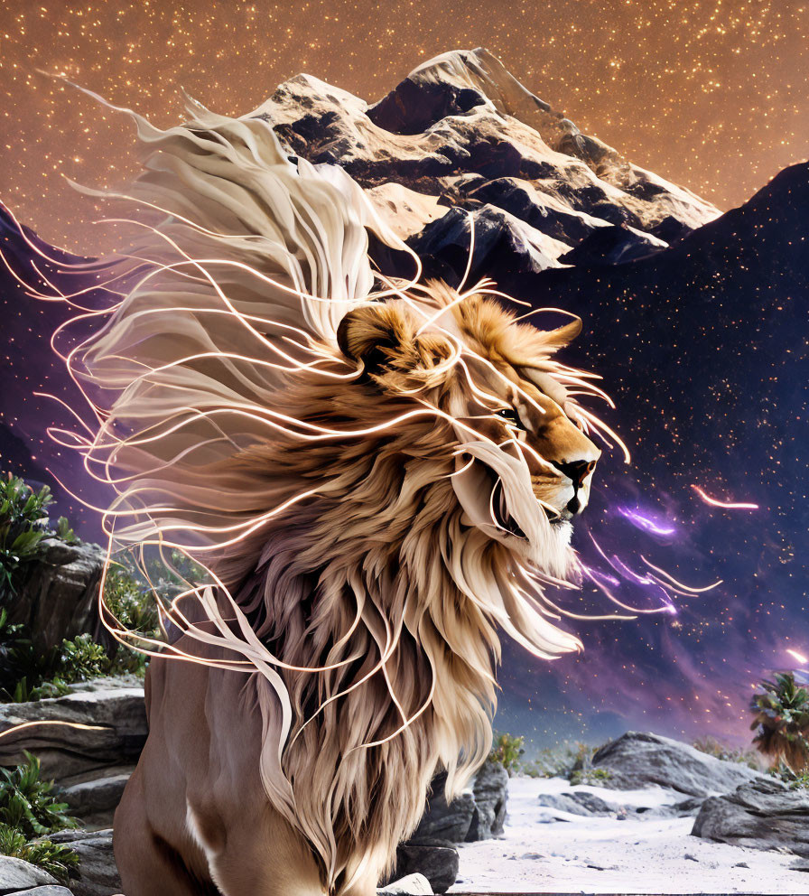 Majestic lion with flowing mane under starry sky and mountain landscape