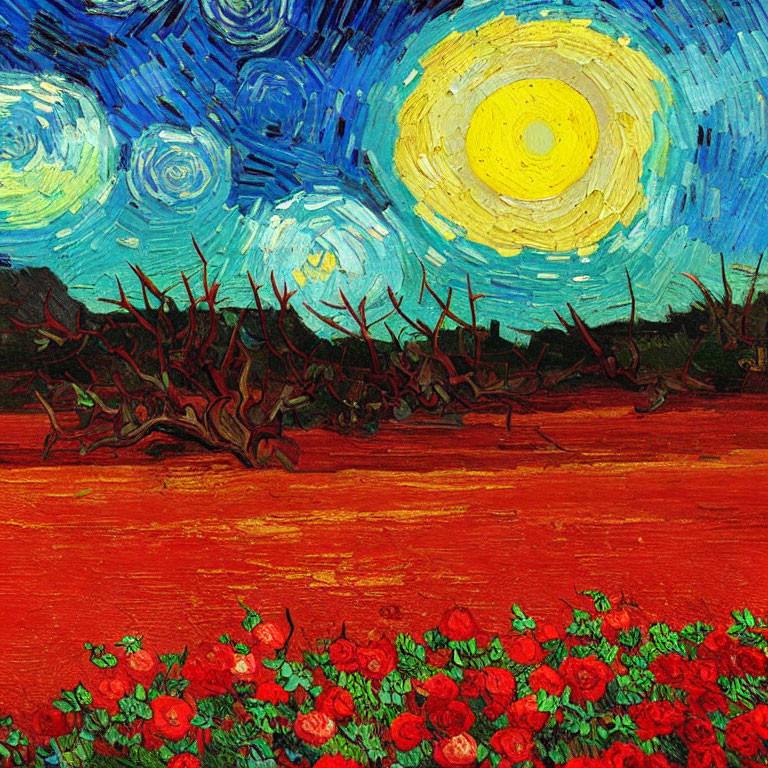 Vibrant red flowers and swirling clouds in starry night sky