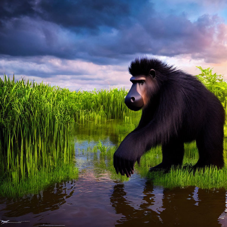 Baboon in Water with Green Grass and Sunrise/Sunset