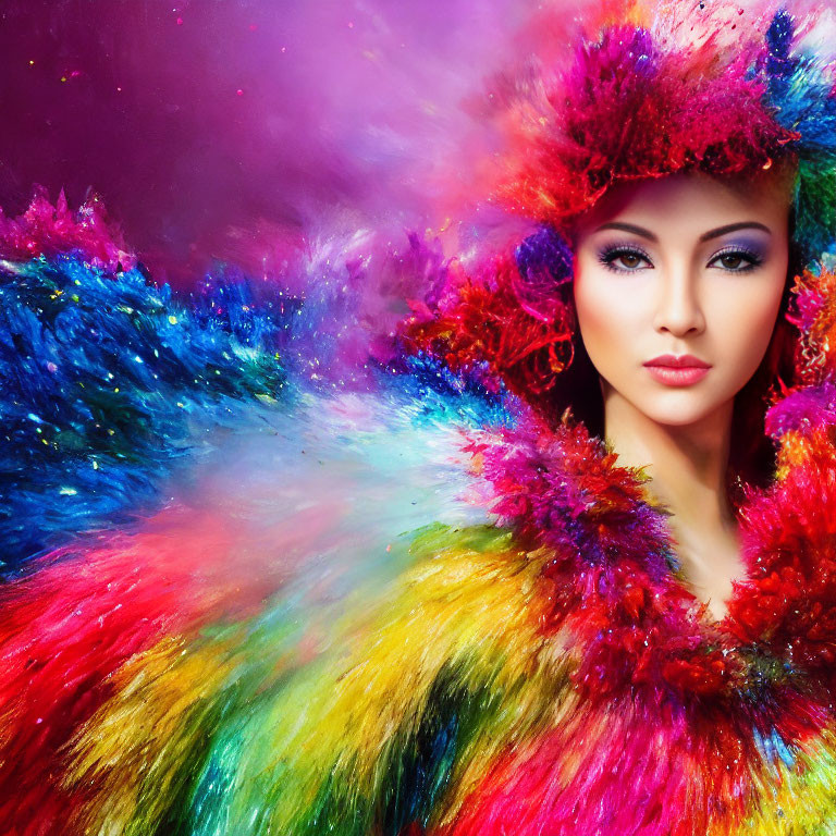 Woman with Subtle Makeup in Vibrant Feathery Attire