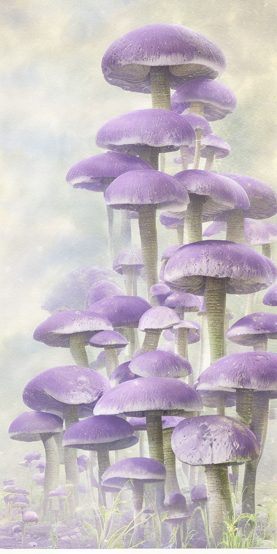 Vibrant purple mushroom clusters in misty fantasy setting