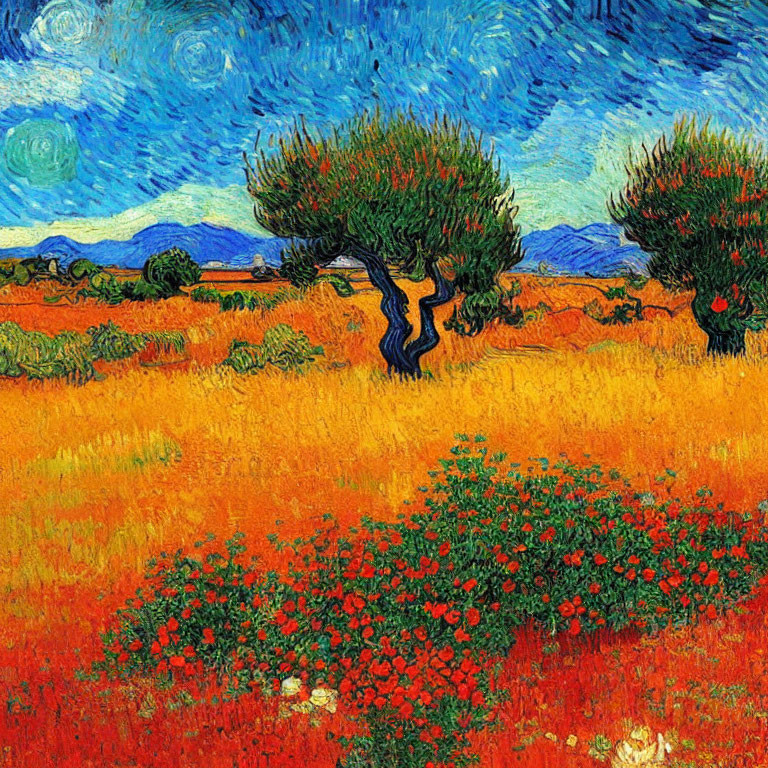 Vibrant Expressionist-style painting: swirling blue sky, bright orange field, green trees, scattered