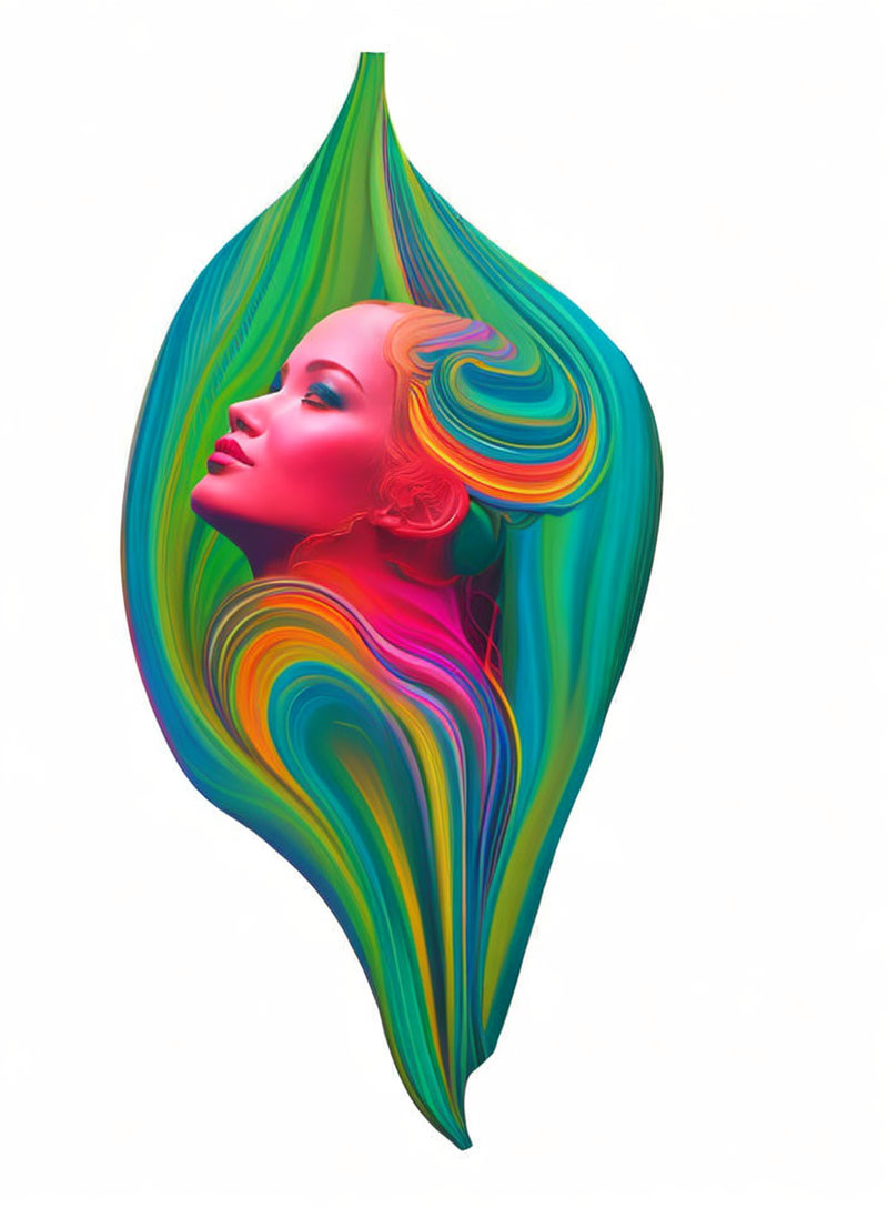 Colorful digital artwork: Woman's profile merges with swirling patterns in leaf shape