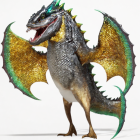 Fantasy creature digital illustration: dinosaur body, dragon wings, spikes, sharp teeth