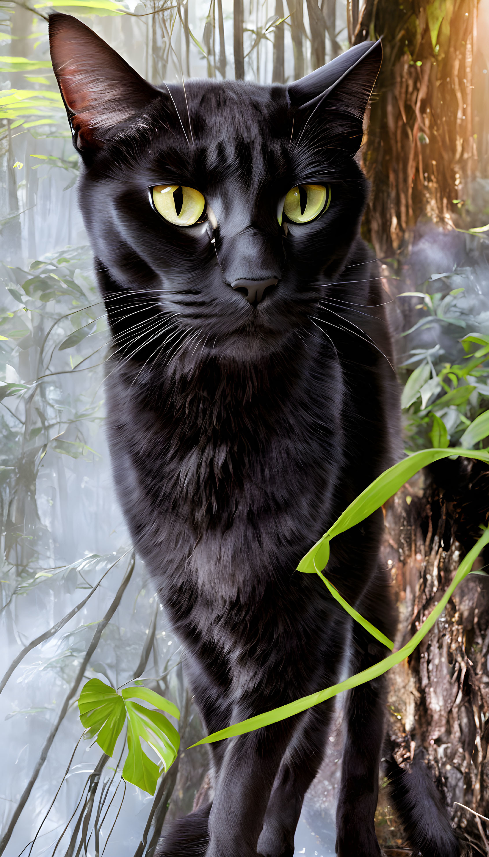 Digital artwork of black cat with yellow eyes in misty forest