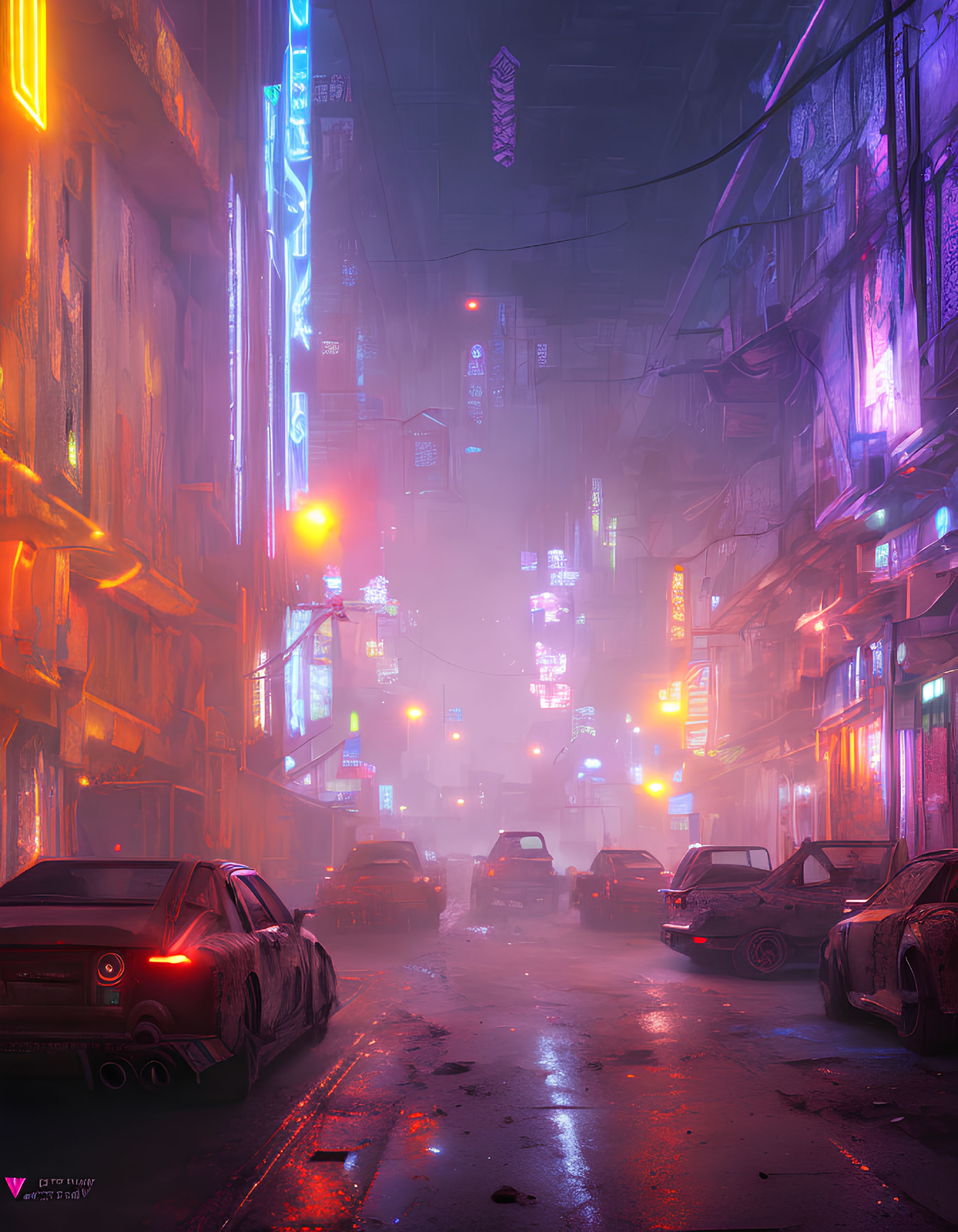 Futuristic neon-lit city street at night with skyscrapers and mist