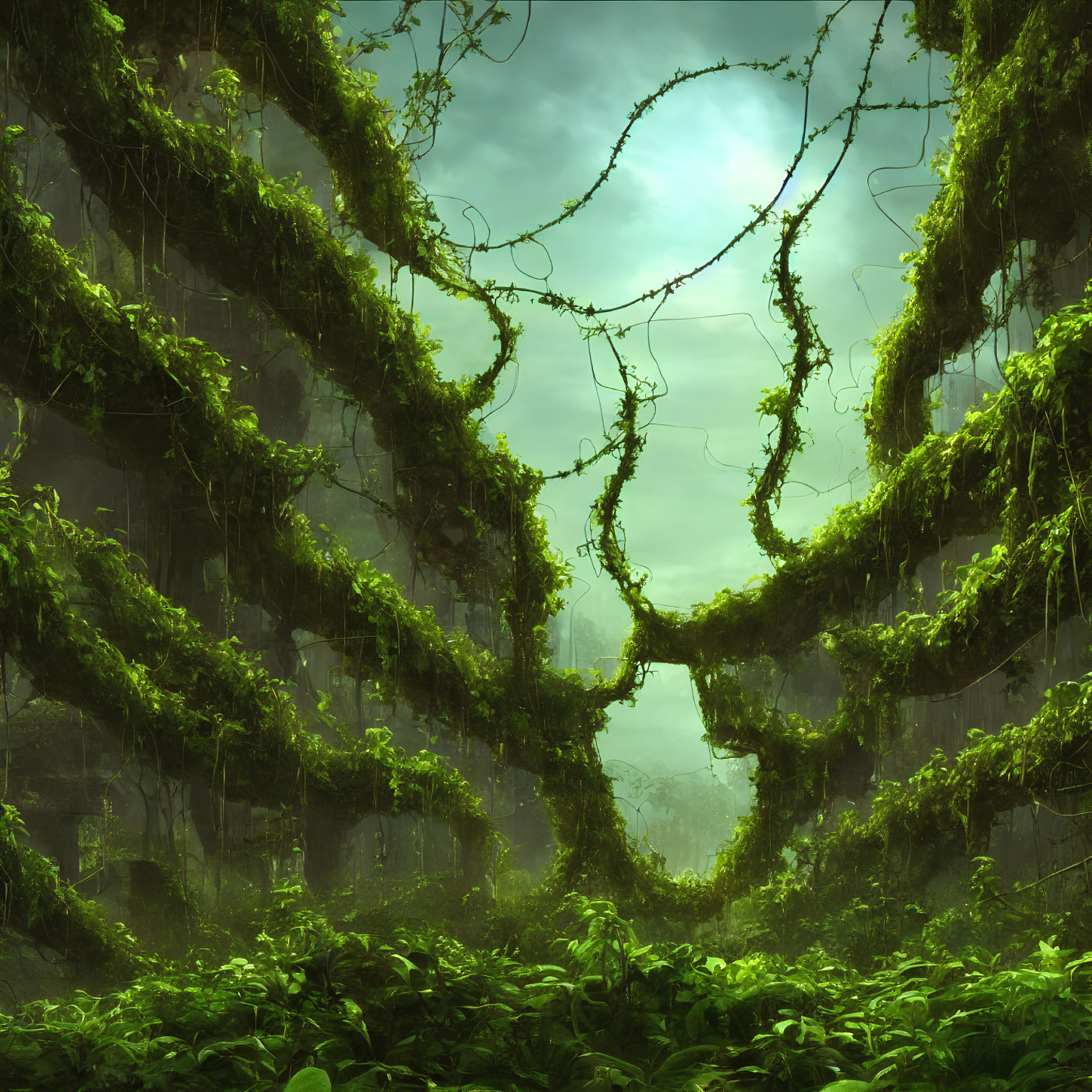 Ancient forest with lush greenery and mystical atmosphere