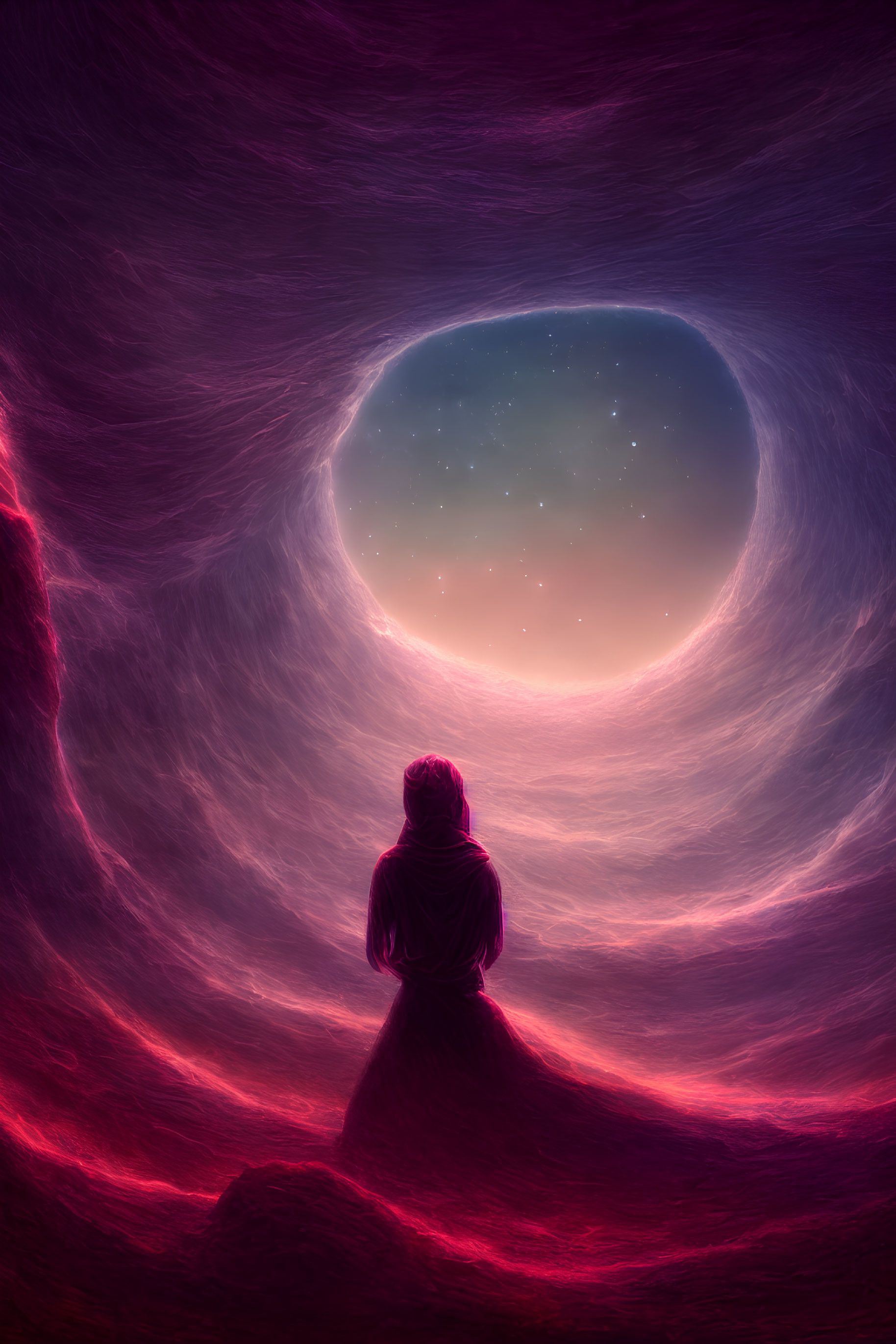 Figure gazes at celestial body in purple and pink sky