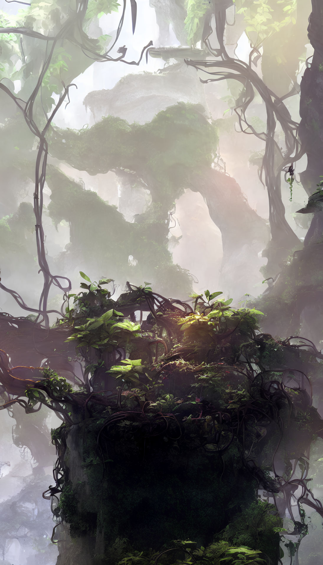 Lush, Green Forest with Intertwining Vines and Misty Veil