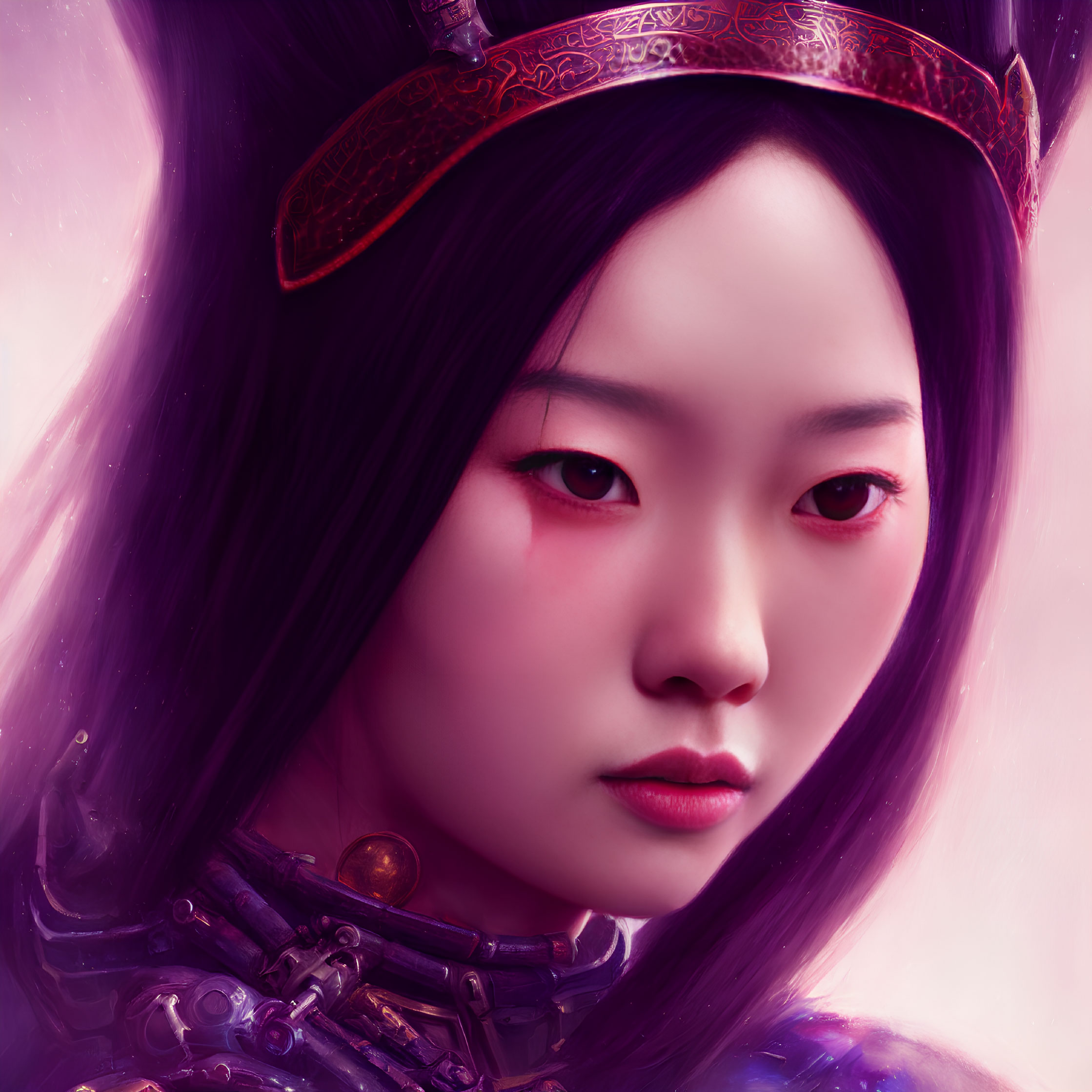 Digital artwork of woman in East Asian attire with intense gaze on purple backdrop