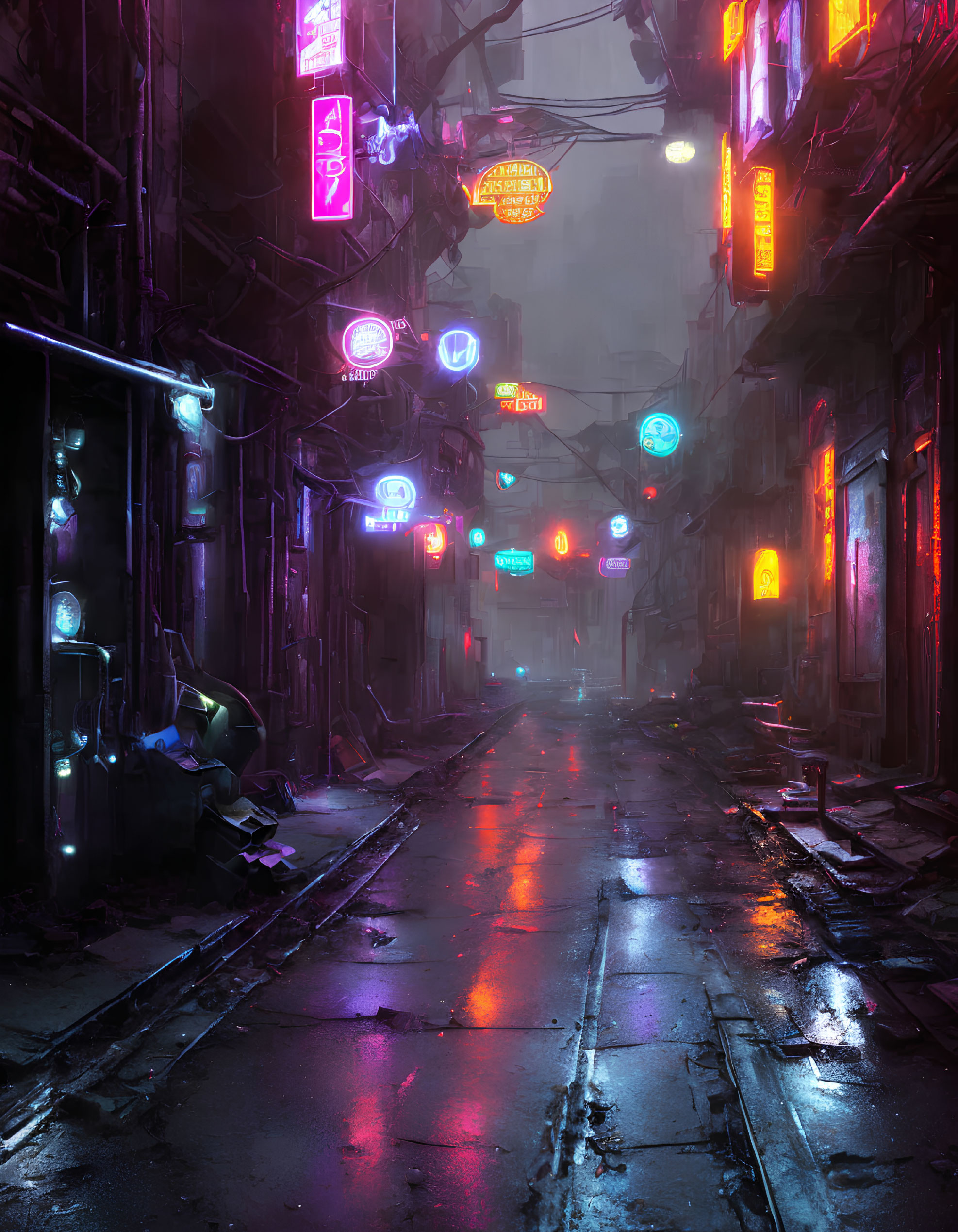 Urban alleyway with neon lights and wet cobblestones in futuristic scene